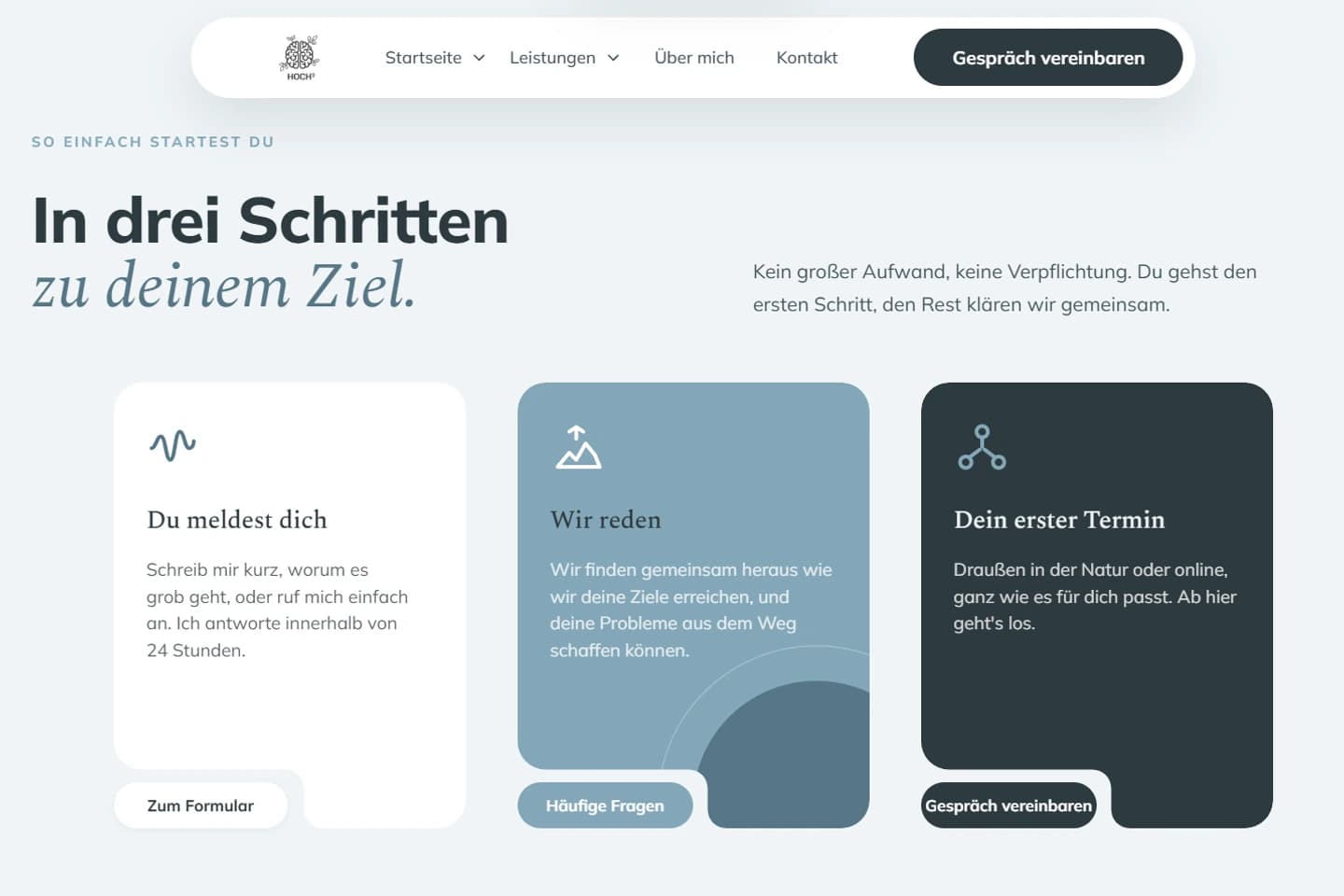 Neue Website von HOCH³ Coaching: drei Karten führen Schritt für Schritt zum ersten Termin.
